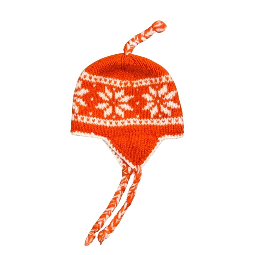Orange White Snowflake Wool Earflap Hat Fleece Lined Made in Nepal Beanie